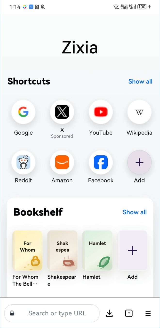 Zixia Browser home screen