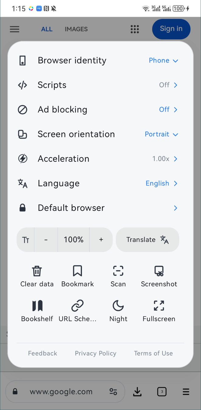 Zixia Browser settings panel