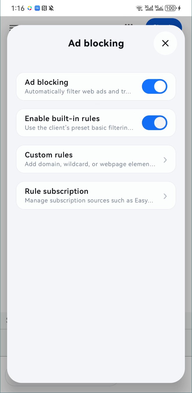Zixia Browser ad blocking settings