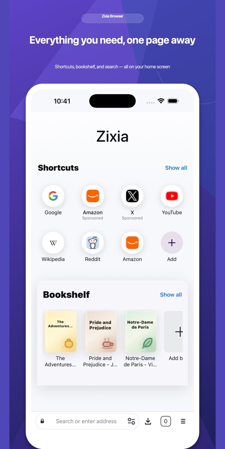 Zixia Browser home screen on iPhone